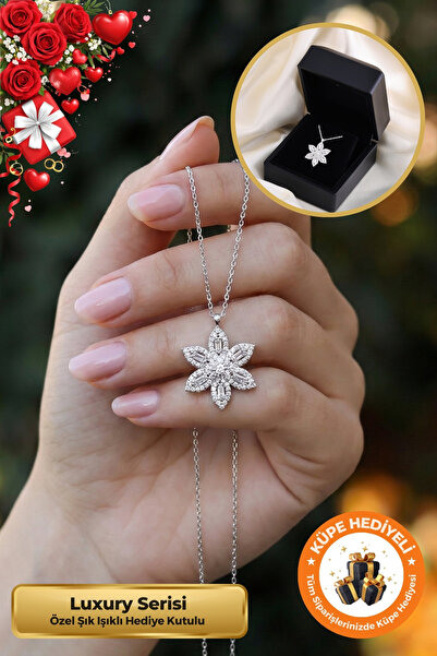 Lucente Jewellery Işıklı Hediye Kutulu Baget Taşlı Lotus Çiçeği 925 Ayar Gümü...