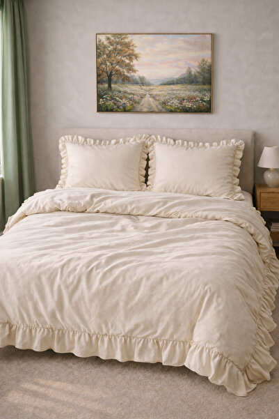 GÖRMEZ TEKSTİL طقم غطاء لحاف مزدوج من القطن الطبيعي - مكشكش بلون الإكرو