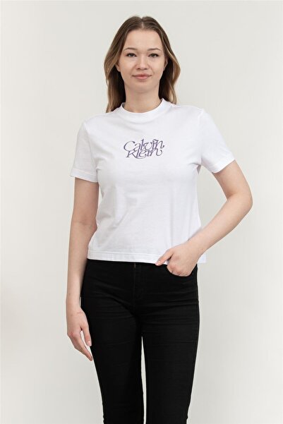 Calvin Klein Γυναικείο Κοντομάνικο Μπλουζάκι με Γραφικό Λογότυπο, Στενή Γραμμ...