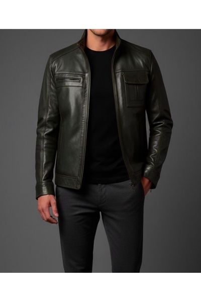 SAVARA معطف رجالي من الجلد الطبيعي باللون الأخضر الداكن ذو ياقة عالية وقصة عا...