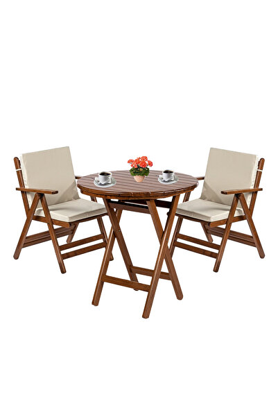 Bahçeme Antalya Ahşap Bahçe Balkon Takımı: 90 Cm Yuvarlak Masa + 2 Minderli S...