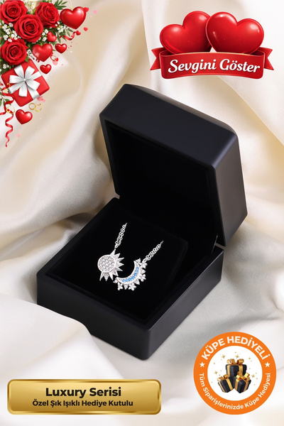 Lucente Jewellery Işıklı Hediye Kutulu Güneş ve Ay 925 Ayar Gümüş Kaplama Sev...