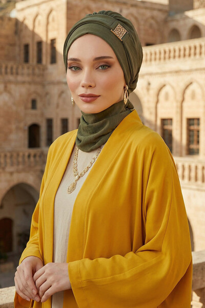 Aisha's Design Turban gata cu accesorii aurii care acoperă decolteul, verde k...