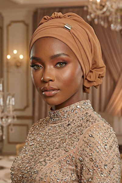Aisha's Design Ready-Made Turban with Accessories, Camel, Ht-95