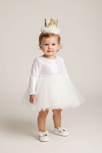 Le Mabelle White Sequin Long Sleeve Baby Girl Dress - Berry