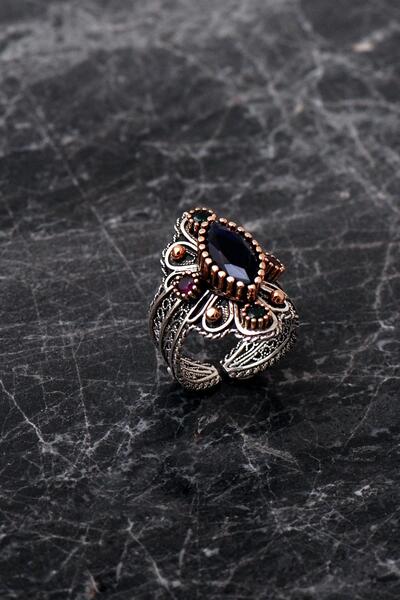 Sümer Telkari Safir Taşlı Telkari İşlemeli Gümüş Yüzük 2485