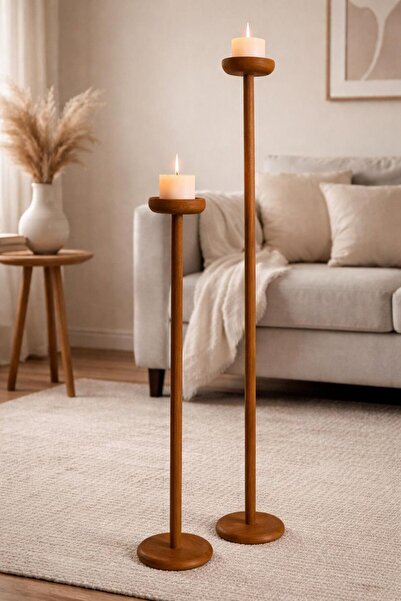 MAVİ TREND Dekoratif 2 Li Uzun Şamdan & Mumluk Ahşap Şamdan 2’li Set - Açık Meşe