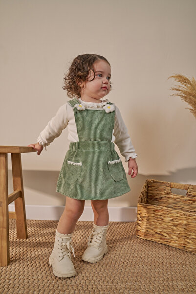 Minipodyum Papatya Detaylı Çıtçıtlı Badili Kız Bebek Bayramlık Salopet Elbise