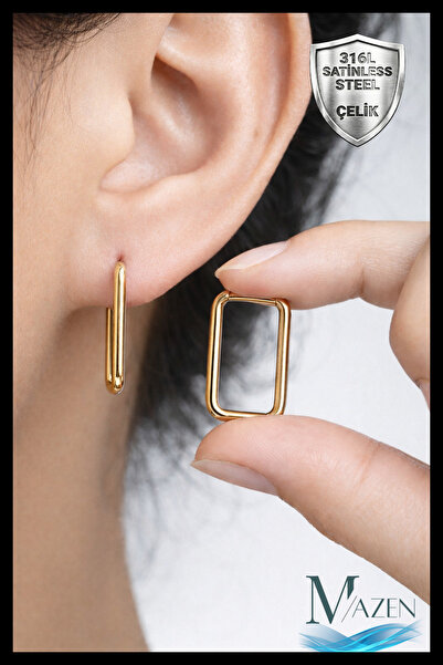 MAZEN Cerrahi Çelik Dikdörtgen Küpe Gold Renk Antialerjik Kararmaz Küpe
