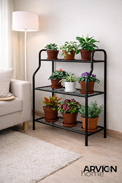ARVİONHOME Siyah 3 Katlı Metal Mutfak ve Saksılık Raflı