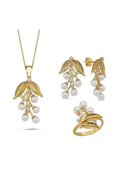 Birinci 14 Ayar Altın 4 mm Zeytin Dalı Doğal İncili Küpe Kolye Yüzük Üçlü Set