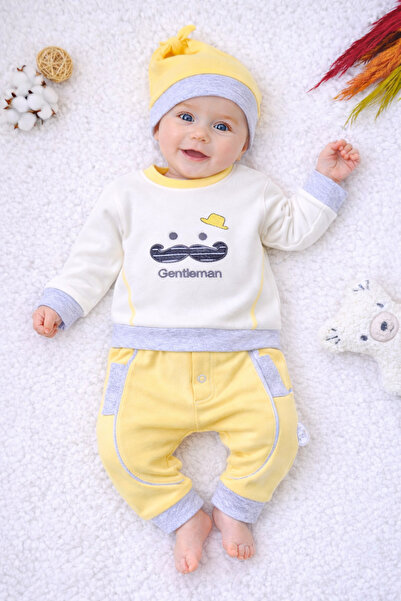 Tomuycuk Sarı Erkek Bebek Çocuk Takımı 3'lü - %100 Pamuklu & Şapkalı Bebek Ta...