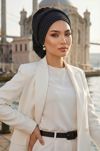 Aisha's Design Έτοιμο τουρμπάν με πλισέ σχέδιο, μαύρο, HT-108A