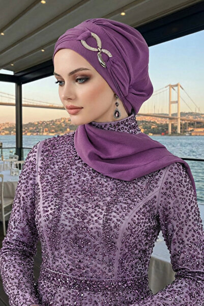 Aisha's Design Κομψό έτοιμο τουρμπάν με μεταλλικά αξεσουάρ, ανοιχτό μωβ, HT-94