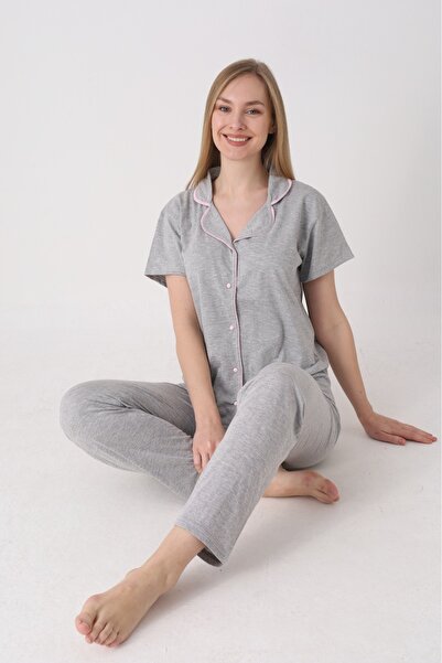 Sude HOMEWEAR Gri Renk Biyeli Pamuklu Uzun Kol Pijama Takımı