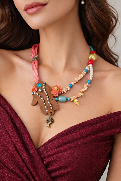 azra takı tasarım قلادة نسائية مصنوعة يدويًا من الحجر الطبيعي البرتقالي والأز...