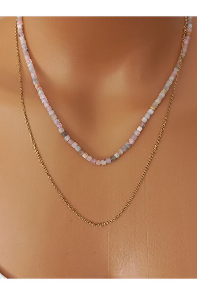 LemaStone Morganit (Pembe beril) doğal taş çelik zincir kolye