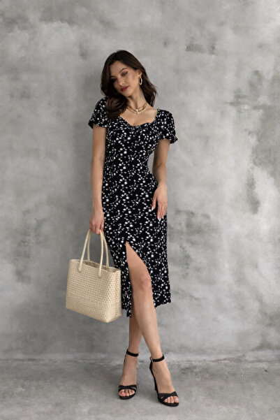 ESPOİRPLUS فستان صيفي بنمط زهرة البطيخ وأكمام الشق