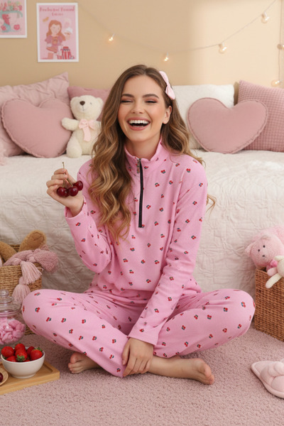 ELİTOL Zippered Waffle Knitted Long Sleeve Women's Pajama Set