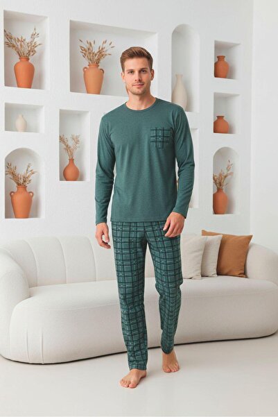 Sude HOMEWEAR Ανδρικό σετ πιτζάμες με μακρυμάνικο καρό σχέδιο σε πράσινο χρώμα