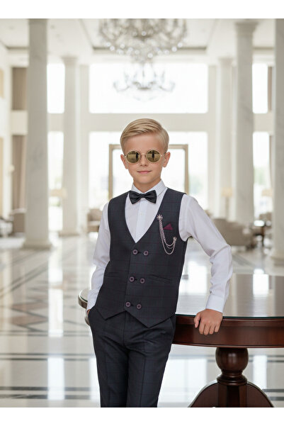 WENA KİDS Çocuk Yelekli Takım Elbise Gömlekli Set MÜRDÜM EKOSE