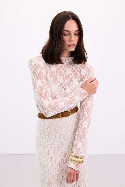 Sateen Transparent Lace Blouse - Beige