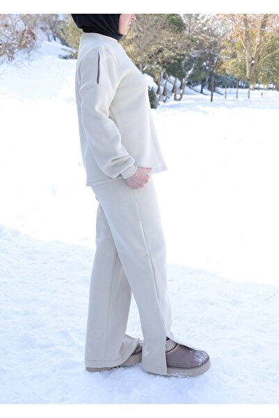 MODA Aiza 777 Mucizeler Yolda Yazılı Taş İşlemeli Şardonlu Kışlık Kadın Eşofm...