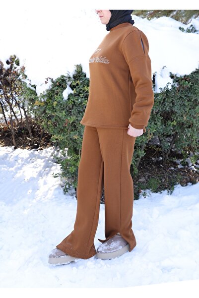 MODA Aiza 777 Mucizeler Yolda Yazılı Taş İşlemeli Şardonlu Kışlık Kadın Eşofm...