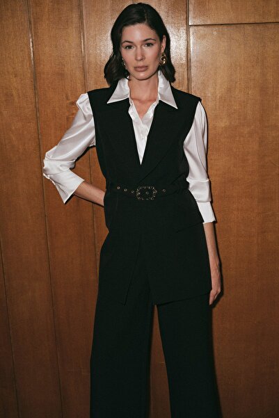 Sateen Belt Detailed Vest - Black