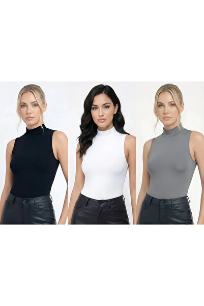 Sashaa Collection Дамски боди с нулев ръкав, 3 части, черно, бяло, сиво