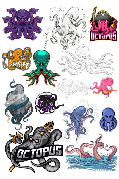 Reysa Tasarım مجموعة ملصقات الأخطبوط - 10 13 قطعة للهاتف والكمبيوتر اللوحي وا...