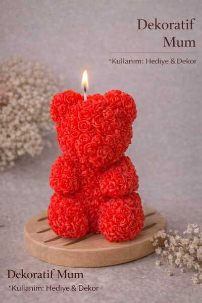 LUMİNA Gül Dokulu Ayıcık Soya Mum – El Yapımı Dekoratif Mum | Kırmızı