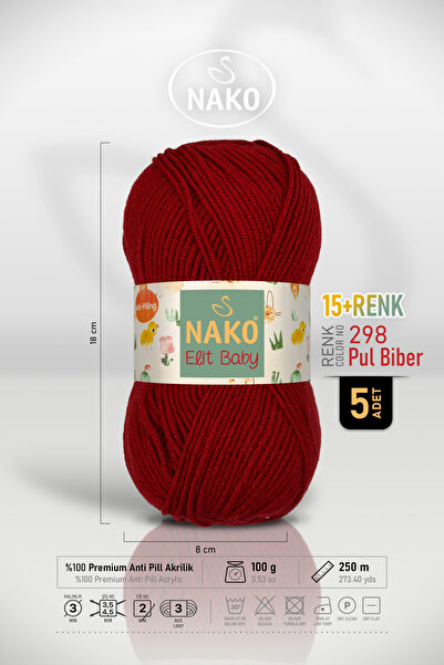 NAKO Elit Baby - 298 Pul Biber - 5'Li Paket - 100Gr/250M - Bebek İpi - Anti P...