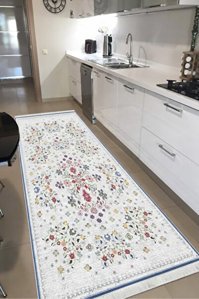 CENTER AVM Çiçekli Mutfak Halısı Makinede Yıkanabilir Halı Kaymaz Taban Halı