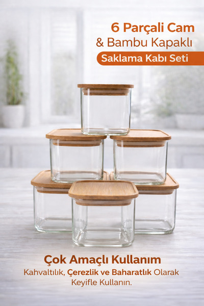Noah Exclusive 6'lı Bambu Vakumlu Kare Kapaklı Cam Kahvaltılık Çok Amaçlı Bor...