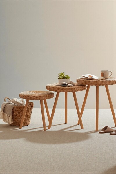 Joujou Rattan Rustik Yuvarlak 3'lü Sehpa Seti– 35 cm Çap | El Yapımı Doğal Ör...