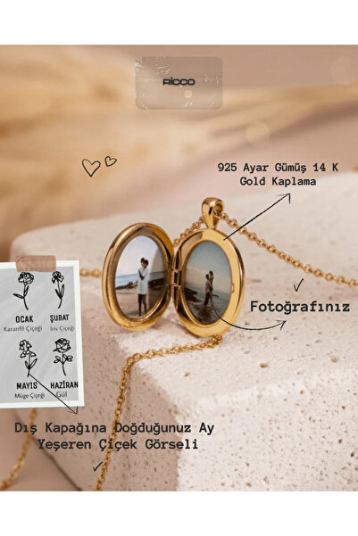 Ricco Jewellery 14 K Gold Kaplama 925 Ayar Gümüş Kişiye Özel Oval Kapaklı Kolye