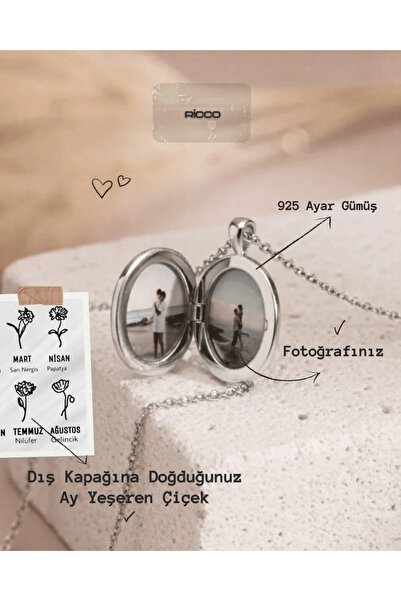 Ricco Jewellery 925 Ayar Gümüş Kişiye Özel Kapaklı Fotoğraflı Kolye