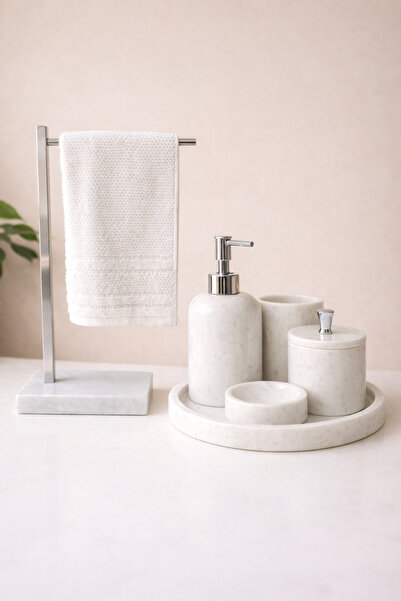 DMR HOME Doğal Mermer Banyo Seti – Havluluk Sıvı Sabunluk ve Diş Fırçalık | M...