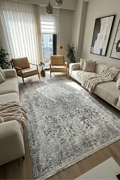 CENTER AVM Gri Halı Salon Halısı Makinede Yıkanabilir Kaymaz Taban Halı