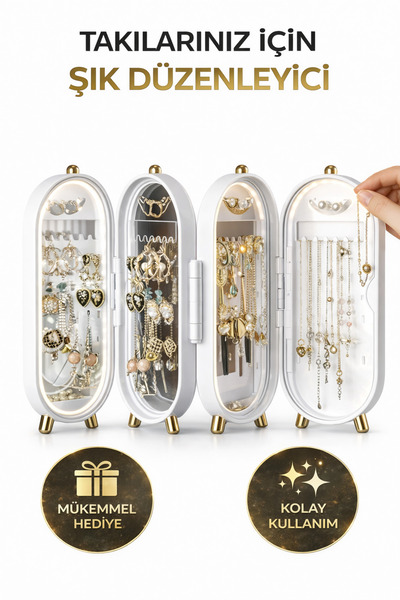 MUJGAN Katlanabilir Aynalı ve Ayaklı Takı Standı Beyaz