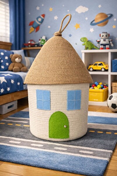 NuaCraft Çocuk Bebek Odası Hasır Ev Figürlü Oyuncak Sepeti, Düzenleyici, Hedi...