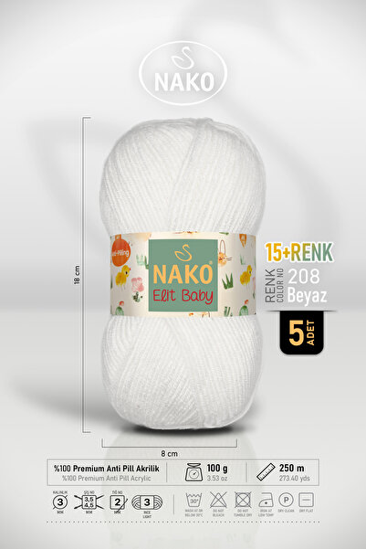 NAKO Elit Baby - 208 Alb - Pachet de 5 - 100gr/250m - Ață pentru bebeluși - A...