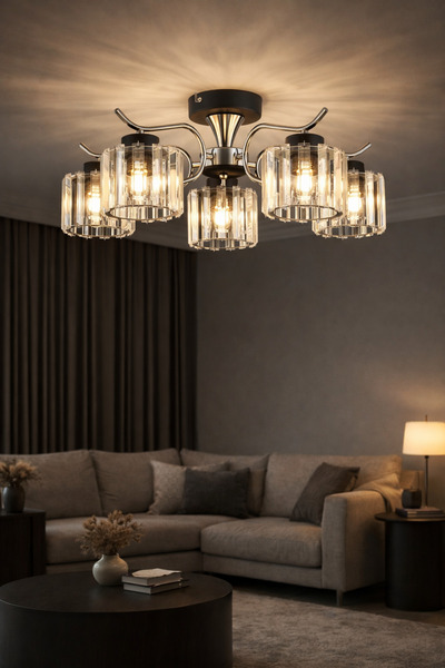 ESSLİGHT ESMA 5 Lİ KROM SİYAH PLAFONYER KRİSTAL TAŞLI SALON YATAK ODASI MUTFA...