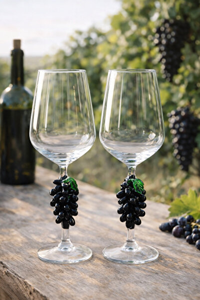 ADAMODART Siyah Üzüm Salkım El Yapımı Cam Figürlü Şarap Kadehi 2’li Set