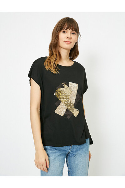 Koton Γυναικείο T-Shirt με μαύρη παγιέτα