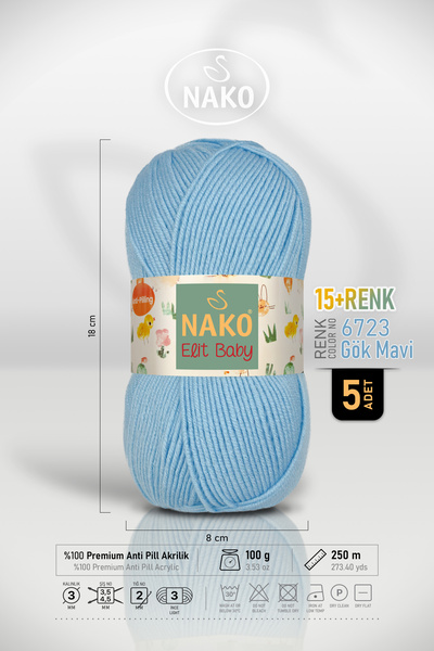 NAKO Elit Baby - 6723 Sky Blue - 5 Pack - 100Gr/250M - Baby Yarn - Anti Pilli...