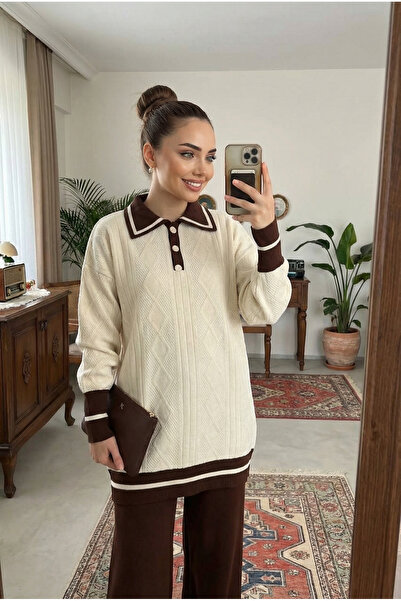 Kirazca Butik Women's Standard Size Diamond Pattern Knitwear Hijab Two-Piece Set