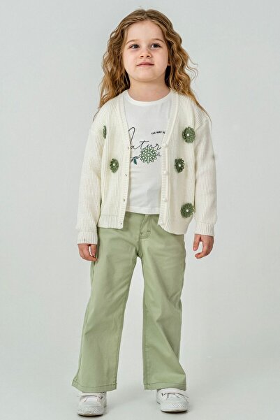 LUCEVERA Kız Çocuk 3’lü Takım – Hırka, Baskılı Tişört ve Pantolon |Çiçek Moti...