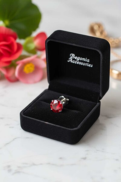 Begonia Accessories 925 Ayar Gümüş Kırmızı Zirkon Tek Taş Küpe – Unisex Pimli...